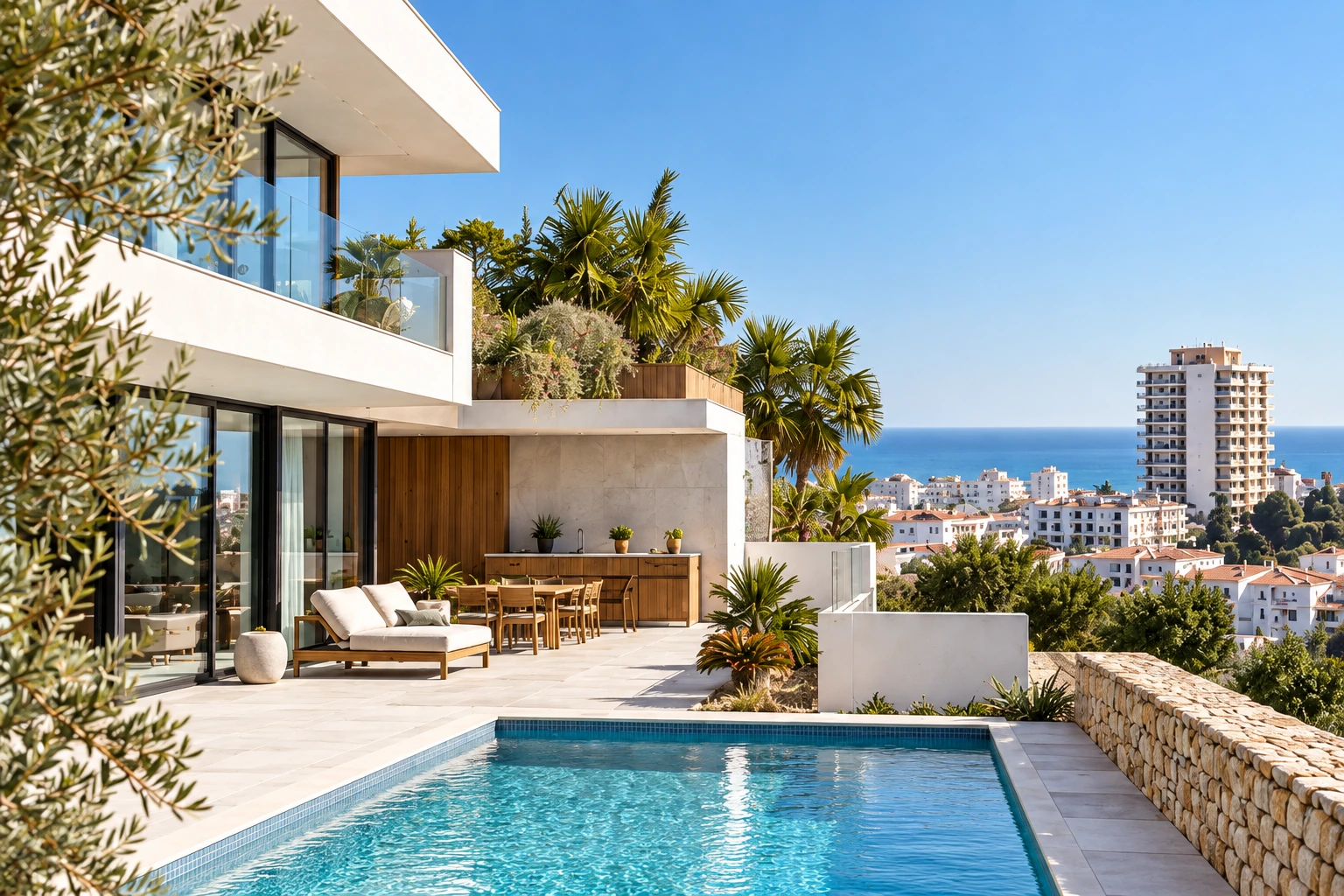 Contemporary house with a pool overlooking the Spanish coast, illustrative image